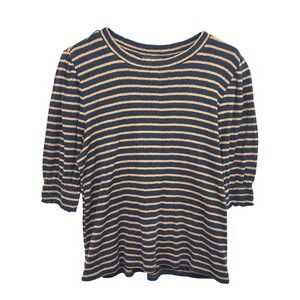 Lucky Brand Striped Ribbed Knit Top L Navy‎ Brown Modern Vintage Fall Chic